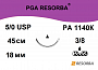 ПГА шовный материал; USP 5/0; неокрашенная, 45 см; игла режущая 3/8; Количество 24 шт; PGA RESORBA РА 1140К